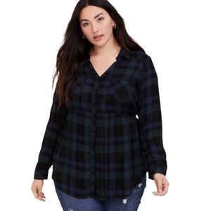 Torrid Blue and Black Plaid Long Sleeve Button Down Shirt